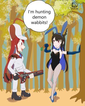 2girls :3 animal_ears artist_name asymmetrical_horns autumn_leaves black_hair blue_fire blue_hair blush boots breasts bugs_bunny carrot demon_horns drawer-san eating elizabeth_rose_bloodflame elmer_fudd english_text fire forest gun high_heels highres holding holding_gun holding_weapon hololive hololive_english horns hunting leaf leaning_on_object long_hair looney_tunes multicolored_hair multiple_girls nature nerissa_ravencroft open_mouth parody playboy_bunny rabbit_ears red_eyes red_hair shoes signature speech_bubble talking thighhighs toon_(style) tree two-tone_hair virtual_youtuber watermark weapon