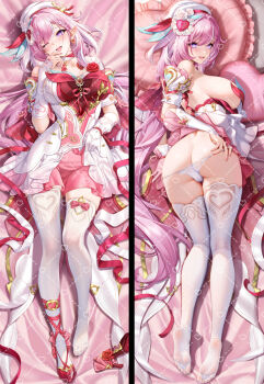 1girl ;) ass beret breasts butt_crack clothes_lift dakimakura_(medium) diamond-shaped_pupils diamond_(shape) dress dress_lift earrings elf elysia_(hi_love_elf)_(honkai_impact) elysia_(honkai_impact) gloves hat heart heart-shaped_pillow heart_earrings honkai_(series) honkai_impact_3rd jewelry jg&amp;solin large_breasts long_hair lying multicolored_dress multicolored_hair on_back on_side one_eye_closed panties panty_pull pillow pink_dress pink_hair pointy_ears red_dress single_glove smile solo symbol-shaped_pupils thighhighs two-tone_hair underwear very_long_hair watermark watermark_grid white_dress white_gloves white_hair white_panties white_thighhighs