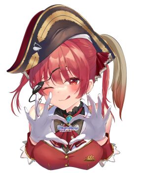 1girl :q ascot bare_shoulders bicorne black_hat blue_gemstone blush breasts brooch choppy_bangs cleavage closed_mouth cropped_torso dear_arisu eyepatch gem gloves hands_up hashtag-only_commentary hat heart heart_hands highres hololive houshou_marine houshou_marine_(1st_costume) jacket jewelry large_breasts long_hair looking_at_viewer red_ascot red_eyes red_hair red_jacket see-through_cleavage see-through_clothes simple_background smile solo tongue tongue_out twintails virtual_youtuber white_background white_gloves