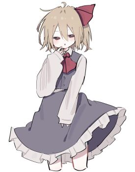 1girl :o ascot black_skirt black_vest blonde_hair frills hair_between_eyes hair_ribbon hand_on_own_cheek hand_on_own_face highres long_sleeves looking_at_viewer maruten_moko parted_lips red_ascot red_eyes ribbon rumia shirt short_hair skirt solo touhou vest white_background white_shirt