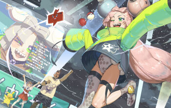 >_< 1boy 2girls absurdres arms_up black_jacket black_shorts chat_log cheering clenched_hand commentary_request gen_1_pokemon gen_4_pokemon green_eyes green_jacket grey_leotard grey_shoes grey_thighhighs groin highres in-universe_location iono_(pokemon) jacket leotard levincia livestream long_sleeves multicolored_jacket multiple_girls night nintendo one_eye_closed open_mouth outdoors padded_jacket pikachu pink_hair poke_ball poke_ball_(basic) pokemon pokemon_(creature) pokemon_scarlet_and_violet print_jacket print_leotard print_shirt print_shorts print_thighhighs red_skirt roly_poly_(aulischeung) rotom rotom_phone sharp_teeth shirt shoes shorts shouting single_thighhigh skirt sleeves_past_fingers sleeves_past_wrists smile standing standing_on_one_leg star_(sky) teeth thighhighs two-tone_jacket white_shirt white_thighhighs zipper zipper_pull_tab