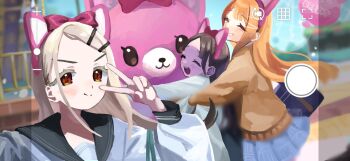 3girls animal_ear_hairband animal_ears bag balloon black_sailor_collar blonde_hair blue_bag blue_skirt blurry blurry_background blush bow bow_hairband brown_cardigan brown_hair cardigan cat_ear_hairband cat_ears closed_eyes closed_mouth colored_eyelashes depth_of_field elbow_carry fake_animal_ears flipped_hair gakuen_idolmaster garryaoki gradient_hair grey_hair hair_ornament hairband hairclip hashtag-only_commentary hatsuboshi_gakuen_school_uniform highres hug hug_from_behind hugging_object idolmaster kuramoto_china long_hair long_sleeves looking_at_viewer multicolored_hair multiple_girls open_mouth orange_eyes orange_hair outdoors parallel_hairclips pink_bow pleated_skirt puffy_long_sleeves puffy_sleeves sailor_collar sailor_shirt school_bag school_uniform selfie shinosawa_hiro shirt shiun_sumika skirt smile taking_picture upper_body v v_over_eye viewfinder white_shirt