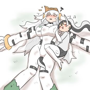 2girls @_@ afterglow arceus between_legs black_hair blush blush_stickers bodysuit breasts broken_mask commentary earrings floating_hair gen_4_pokemon groping high_heels horns huge_breasts inverted_triangle_mouth jewelry kasugai_(de-tteiu) legendary_pokemon long_hair lying makhia_(kasugai_(de-tteiu)) maria_(kasugai_(de-tteiu)) mask messy_hair multicolored_hair multiple_girls musical_note mythical_pokemon nintendo nose_blush on_back on_side outstretched_arms personification pokemon regigigas size_difference spread_arms squiggle tail tail_between_legs teardrop two-tone_hair two_side_up very_long_hair white_bodysuit white_hair yuri