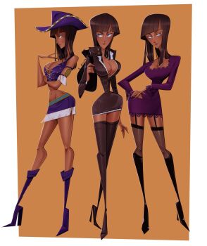 1girl armlet black_boots black_dress black_hair blue_eyes bluelemondraws blunt_bangs boots breasts cleavage commentary cowboy_hat cross-laced_clothes cross-laced_top dress english_commentary fishnet_thighhighs fishnets full_body garter_straps hat high_heel_boots high_heels highres jewelry long_sleeves medium_hair multiple_views nico_robin one_piece orange_background purple_boots purple_dress purple_hat short_dress simple_background thigh_boots thighhighs