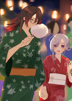 1boy 1girl commentary_request cotton_candy couple food glasses green_kimono hetero highres holding holding_cotton_candy holding_food holding_hands japanese_clothes kaguya_(rune_factory) kimono kurama_(rune_factory) lantern_festival purple_eyes red_kimono rune_factory rune_factory:_guardians_of_azuma sky_lantern yuzu0_0cha