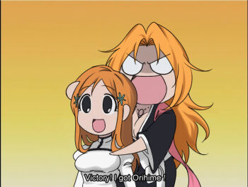 2girls azumanga_daiou black_eyes black_kimono bleach breasts cleavage dress english_text gradient_background hair_ornament hairclip hand_on_another's_head height_difference inoue_orihime japanese_clothes jewelry kimono large_breasts long_hair matsumoto_rangiku multiple_girls necklace open_mouth orange_hair parody parted_bangs puffy_sleeves rakusakugk scene_reference shaded_face subtitled voice_actor_connection white_dress white_eyes