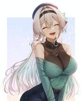 1girl absurdres alternate_breast_size_(larger) belt black_hairband black_hat blue_pants border brown_belt closed_eyes commentary_request denim firefly_(honkai:_star_rail) gradient_hair grey_hair hair_intakes hair_ornament hairband hat hatsukyo highres honkai:_star_rail honkai_(series) jeans long_hair multicolored_hair open_mouth pants smile solo teeth upper_teeth_only white_border wide_hips