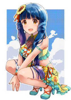 1girl :d aqua_shoes armband blue_hair blunt_bangs border breasts cloud day dot_nose eyelashes flower frilled_shirt frilled_skirt frills hair_flower hair_ornament hair_ribbon halftone halftone_background high_heel_sandals highres idolmaster idolmaster_million_live! idolmaster_million_live!_theater_days kitakami_reika large_breasts light_blush long_hair looking_at_viewer nonano73 open_mouth orange_eyes orange_ribbon outline outside_border own_hands_together ribbon sandals see-through_cleavage see-through_clothes shirt shoes skirt sky smile solo squatting striped_ribbon sunflower sunflower_hair_ornament twintails_with_hair_base very_long_hair white_border white_outline wing_collar yellow_shirt yellow_skirt