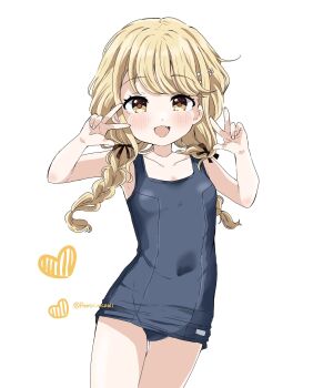 1girl aged_down black_one-piece_swimsuit blonde_hair blush braid breasts collarbone covered_navel cowboy_shot double_w fang fingernails fujita_kotone gakuen_idolmaster hair_ornament hair_tie hairclip hands_up heart highres idolmaster leaning_to_the_side long_hair looking_at_viewer low_twin_braids one-piece_swimsuit open_mouth remiri_nicoeli school_swimsuit signature simple_background skin_fang small_breasts solo swept_bangs swimsuit twin_braids twintails twitter_username w white_background yellow_eyes