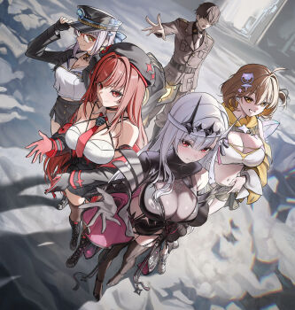 1boy 4girls absurdres ahoge anis_(nikke) anis_(star)_(nikke) bandaged_head bandages bandeau bare_shoulders beret bikini black_boots black_choker black_crown black_dress black_gloves black_hat black_jacket black_shirt black_skirt black_thighhighs black_tiara blush boots breasts brown_eyes brown_hair brown_jacket chest_strap choker cleavage closed_mouth clothing_cutout coat collared_shirt commander_(nikke) commentary_request counters_(nikke) crown dress fingerless_gloves glasses gloves goddess_of_victory:_nikke green_eyes green_shorts grey_hair hair_ornament hat highres jacket jacket_partially_removed large_breasts long_hair long_sleeves midriff modernia_(nikke) modernia_(second_affection)_(nikke) multiple_girls navel necktie neon_(nikke) neon_(vision_eye)_(nikke) official_alternate_costume official_alternate_hair_color open_mouth outdoors pants peaked_cap rapi_(nikke) rapi_(red_hood)_(nikke) red-framed_eyewear red_eyes red_gloves red_hair ribbon see-through_cleavage see-through_clothes shirt short_shorts shorts shoulder_cutout shrug_(clothing) skirt smile swimsuit thigh_boots thighhighs tiara very_long_hair white_bandeau white_hair white_necktie white_shirt wonfle10 yellow_shrug