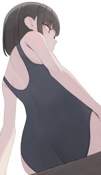 1girl ass black_hair black_one-piece_swimsuit black_school_swimsuit blush commentary from_behind highres hiroki_(yyqw7151) looking_to_the_side one-piece_swimsuit original red_eyes school_swimsuit short_hair sitting solo swimsuit white_background