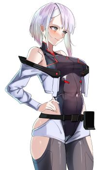 1girl absurdres asymmetrical_bangs bare_shoulders belt belt_buckle belt_pouch black_belt black_leotard blunt_ends blush breasts buckle closed_mouth clothing_cutout commentary_request cowboy_shot cyberpunk:_edgerunners cyberpunk_(series) cyborg eyeliner gradient_hair green_hair grey_eyes grey_hair grey_pantyhose highleg highleg_leotard highres jacket kopepan_(kopepann11) leotard long_sleeves looking_ahead lucy_(cyberpunk) makeup medium_breasts multicolored_hair off_shoulder open_clothes open_jacket pantyhose pouch purple_hair red_eyeliner short_hair short_shorts shorts sidelocks simple_background smile solo standing thigh_cutout white_background white_jacket white_shorts