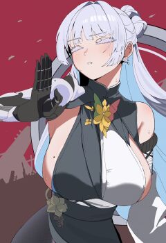 1girl barabara_49 breasts colored_eyelashes goddess_of_victory:_nikke highres large_breasts mechanical_arms mechanical_hands mole mole_on_breast nayuta_(nikke) single_mechanical_arm single_mechanical_hand solo split-color_clothes thick_eyelashes unusually_open_eyes white_eyelashes