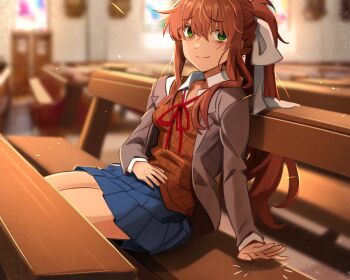 1girl absurdres bags_under_eyes beckoning blue_skirt blurry blurry_background bow breasts brown_hair brown_jacket brown_vest church church_interior closed_mouth collared_shirt day doki_doki_literature_club doki_doki_literature_club_school_uniform green_eyes hair_between_eyes hair_bow hair_ribbon highres indoors jacket khyle. long_hair long_sleeves looking_at_viewer monika_(doki_doki_literature_club) open_clothes open_jacket patting pew pleated_skirt ponytail red_ribbon ribbon school_uniform shirt sitting skirt smile solo split_mouth vest white_ribbon