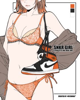 1girl artist_name bambi_surprise bra breasts brown_jacket closed_mouth color_guide commentary cowboy_shot english_text eyes_out_of_frame head_out_of_frame high_tops highres inset_border jacket lace lace-trimmed_bra lace_trim lingerie long_sleeves medium_breasts mole mole_under_mouth navel off_shoulder open_clothes open_jacket orange_bra orange_hair orange_panties original panties shoes short_hair side-tie_panties sleeves_past_fingers sleeves_past_wrists sneakers solo standing underwear white_background