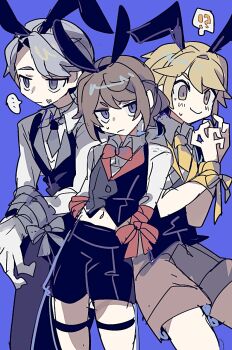 !? ... 3boys aesop_carl alternate_costume androgynous animal_ear_hairband animal_ears arms_behind_back black_necktie black_pants black_shorts black_vest blonde_hair blue_background blue_eyes bound bound_wrists bow bowtie brown_hair brown_shorts contrapposto cowboy_shot cropped_vest edgar_valden fake_animal_ears grey_eyes grey_hair hairband highres identity_v looking_ahead looking_to_the_side male_focus male_playboy_bunny mdr_31 multiple_boys navel necktie pants ponytail rabbit_ear_hairband rabbit_ears red_bow red_bowtie shorts small_sweatdrop spoken_ellipsis vest victor_grantz yellow_eyes yellow_necktie