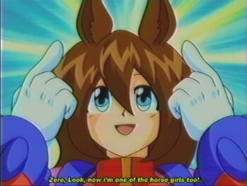 Rule 34 | 1990s (style), 1girl, animal ears, blue eyes, brown hair, commentary, dress, english commentary, faux retro artstyle, gloves, highres, horse ears, horse girl, iris (mega man), long hair, looking up, lueduar, mega man (series), mega man x (series), multicolored dress, open mouth, pointing, pointing up, retro artstyle, smile, solo, subtitled, umamusume, upper body, vhs artifacts, white gloves