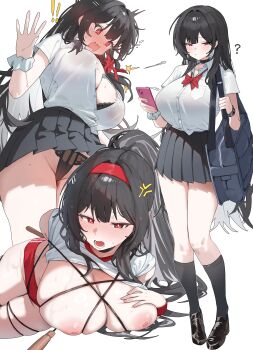 ! !! 1girl ? absurdres anger_vein bag black_bra black_choker black_hair black_panties black_socks blush bow bowtie bra bra_peek breasts breasts_out bursting_breasts buruma cellphone choker cleavage entangled flying_button gym_shirt gym_uniform hairband hands_up high_ponytail highres holding holding_bag holding_phone huge_breasts jump_rope kneehighs loafers long_hair looking_at_viewer lying nipples on_side open_mouth original panties pantyshot phone pleated_skirt ponytail popped_button rashford red_bow red_bowtie red_buruma red_eyes red_hairband school_bag school_uniform scrunchie shiny_skin shirt shoes shoulder_bag simple_background skirt smartphone socks standing surprised sweat underwear wardrobe_malfunction white_background wrist_scrunchie