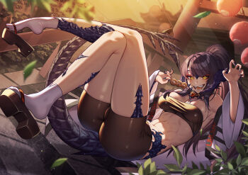 1girl armpits au_ra bike_shorts black_hair black_shorts breasts brown_eyes chest_sarashi claw_pose cluseller commission dango dragon_horns dragon_tail eyebrows_hidden_by_hair falling_leaves final_fantasy final_fantasy_xiv food full_body highres holding holding_food horns leaf legs_up long_hair lying medium_breasts nail_polish navel okobo on_back open_mouth original platform_sandals ponytail sandals sapphira_nyx sarashi scales second-party_source sharp_teeth shoe_dangle shorts shrine smile socks solo sunset tail teeth torii variant_set wagashi warrior_of_light_(ff14) white_socks