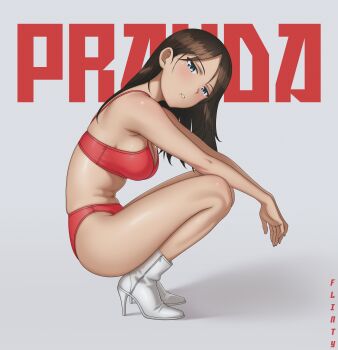 1girl absurdres blue_eyes boots breasts brown_hair buruma cleavage flintard from_side full_body girls_und_panzer grey_background high_heel_boots high_heels highres large_breasts long_hair navel nonna_(girls_und_panzer) parted_lips red_buruma red_sports_bra simple_background solo sports_bra squatting stomach thighs white_boots