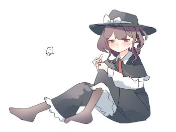 1girl black_capelet black_hat blush bow brown_eyes brown_hair capelet closed_mouth collared_shirt commentary english_commentary frilled_capelet frilled_skirt frills hair_bow hands_on_own_knee hat hat_bow highres long_sleeves nagatsuki_kei_(nagatsuki22) necktie pantyhose red_necktie shirt shirt_tucked_in signature sitting skirt solo touhou usami_renko white_bow white_shirt