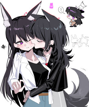 Rule 34 | 2girls, animal ear fluff, animal ears, bang dream!, bang dream! it's mygo!!!!!, biting, biting cheek, black choker, black hair, black jacket, black shirt, blue skirt, blush, brown hair, choker, closed eyes, commentary, earrings, grey skirt, hand on another's waist, head bump, heart, highres, hug, jacket, jewelry, kemonomimi mode, long hair, multiple girls, one eye closed, purple eyes, rabbit ears, rabbit girl, rabbit tail, shiina taki, shirt, simple background, skirt, squiggle, symbol-only commentary, tail, white background, white shirt, wolf ears, wolf girl, wolf tail, yahata umiri, yuri, zikiki1092