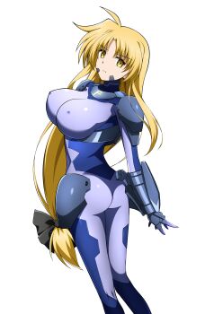 1girl absurdres ass blonde_hair blue_bodysuit blush bodysuit breasts closed_mouth fate_testarossa from_behind hair_ribbon highres large_breasts long_hair looking_at_viewer lyrical_nanoha magical_girl mahou_shoujo_lyrical_nanoha_strikers military_uniform numbers&#039;_uniform oshimaru026 ponytail ribbon simple_background solo white_background yellow_eyes