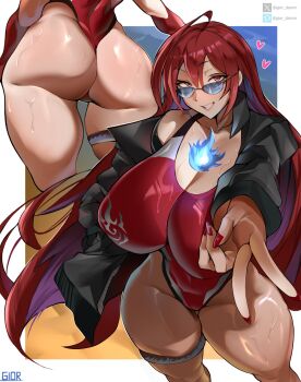 ass black_jacket blue_fire blue_hair breasts elizabeth_rose_bloodflame elizabeth_rose_bloodflame_(holonatsu_paradise) fire gior_dannn highres hololive hololive_english huge_ass huge_breasts jacket looking_at_viewer multicolored_hair one-piece_swimsuit red_eyes red_hair red_one-piece_swimsuit sunglasses swimsuit thick_thighs thigh_strap thighs virtual_youtuber wet wet_clothes wet_swimsuit