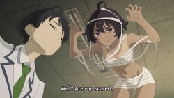 6+boys 6+girls ahoge animated anime_screenshot armpits bandaged_chest bandages bare_shoulders black_hair breasts claw_pose collarbone dark-skinned_female dark_skin gluteal_fold green_necktie groin hands_on_own_hips highres make_heroine_ga_oo_sugiru! multiple_boys multiple_girls navel necktie no_bra no_panties nukumizu_kazuhiko open_mouth purple_eyes school_uniform shirt short_hair smile sound stomach subtitled tagme tan tanline teasing thighs toned video white_shirt yakishio_lemon