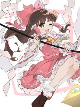 1girl ;d ascot bow brown_eyes brown_hair commentary_request detached_sleeves fossilized_wonders frilled_skirt frills gohei hair_bow hair_tubes hakurei_reimu long_hair looking_at_viewer one_eye_closed open_mouth polpol pyramid_(structure) red_bow red_skirt ribbon-trimmed_sleeves ribbon_trim simple_background skirt smile solo touhou white_background yellow_ascot