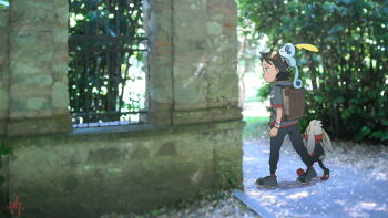 1boy backpack bag black_footwear black_hair black_pants dark_skin dynamax_band gen_8_pokemon goh_(pokemon) grey_shirt highres nintendo on_head pants photo_background pokemon pokemon_(anime) pokemon_(creature) pokemon_journeys pokemon_on_head raboot shirt short_hair short_sleeves sobble yas9_9