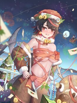 1girl absurdres aerial_fireworks black_hair black_sleeves breasts christmas cleavage colored_inner_hair commentary_request detached_sleeves drinking_straw ellen_joe fins fireworks fish_tail fur-trimmed_headwear fur-trimmed_sleeves fur_trim glass hat highres large_breasts long_sleeves looking_at_viewer moon multicolored_hair navel night outdoors parted_lips red_eyes red_hair red_hat santa_claus santa_hat shark_girl shark_tail short_hair solo_focus stomach tail teeth user_fras2454 zenless_zone_zero