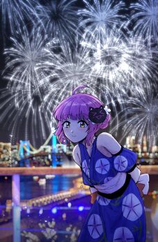 1girl absurdres aerial_fireworks ahoge armpit_crease arms_behind_back bare_shoulders blurry blurry_background bokeh cat_mask commentary depth_of_field detached_sleeves earrings english_commentary fireworks floral_print floral_print_kimono hair_bun highres japanese_clothes jewelry kimono leaning_forward looking_at_viewer love_live! love_live!_nijigasaki_high_school_idol_club mask mask_on_head obi official_alternate_costume outdoors pink_sash print_kimono puffy_short_sleeves puffy_sleeves purple_kimono railing sash short_hair short_sleeves single_hair_bun sleeveless sleeveless_kimono solo summer_warning_(love_live!) tennoji_rina typeakiha73 yellow_eyes