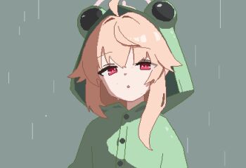 Rule 34 | 1girl, :o, absurdres, ahoge, alternate costume, animal hood, blue archive, frog hood, green background, green raincoat, halo, highres, hood, hood up, long hair, looking at viewer, natsu (blue archive), open mouth, pink hair, pink halo, pixel art, rain, raincoat, red eyes, sidelocks, simple background, slmnk10124, solo, upper body, wet