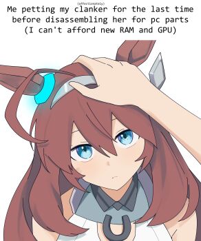 1girl absurdres ahoge animal_ears bare_shoulders blue_eyes brown_hair caption commentary english_text hairband headpat highres horse_ears horse_girl inward_flipped_hair long_hair looking_at_viewer looking_up me_petting_my_cat_(meme) meme metal_hairband mihono_bourbon_(mb-19890425)_(umamusume) mihono_bourbon_(umamusume) myticalcat out_of_frame pov simple_background solo_focus symbol-only_commentary umamusume white_background
