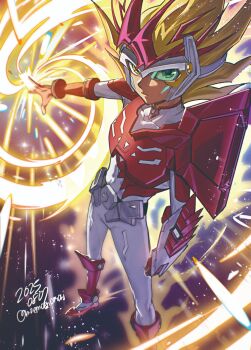 1boy armor blonde_hair bodysuit card clenched_hand dated glowing highres holding holding_card male_focus medium_hair moemoenomori multicolored_hair red_armor red_hair scouter signature solo spiked_hair tsukumo_yuma two-tone_hair white_bodysuit yellow_eyes yu-gi-oh! yu-gi-oh!_zexal