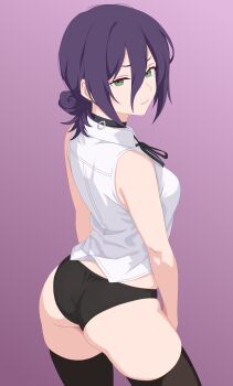 1girl ass black_choker black_panties black_thighhighs breasts chainsaw_man choker commentary cowboy_shot green_eyes hair_bun highres looking_at_viewer medium_breasts panties purple_background purple_hair reze_(chainsaw_man) senor_h shirt sleeveless sleeveless_shirt solo thighhighs underwear white_shirt