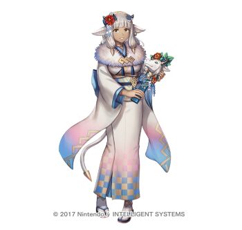 1girl anbe_yoshirou animal_ears ash_(fire_emblem) ash_(new_year)_(fire_emblem) breasts copyright_notice cow_ears cow_horns cow_tail dark-skinned_female dark_skin fingernails fire_emblem fire_emblem_heroes flower full_body fur_trim gradient_background gradient_clothes hagoita hair_ornament hairband holding horns japanese_clothes kimono long_hair looking_at_viewer medium_breasts nintendo obi official_art paddle parted_lips sandals sash sidelocks smile solo standing tabi tail white_background white_hair wide_sleeves yellow_eyes zouri