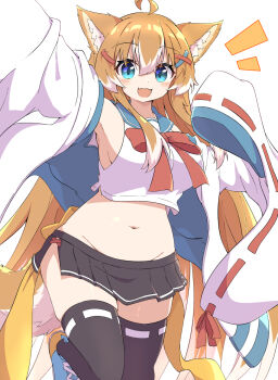 Rule 34 | 1girl, ahoge, animal ear fluff, animal ears, aqua eyes, arm up, belly, black skirt, black thighhighs, blue sailor collar, bow, bowtie, breasts, cropped shirt, fang, foot out of frame, hair between eyes, hair ornament, hairclip, highres, jacket, jacket partially removed, large breasts, light blush, long hair, looking at viewer, miniskirt, multicolored hair, navel, open clothes, open jacket, open mouth, orange hair, original, pleated skirt, red bow, red bowtie, red ribbon, ribbon, ribbon-trimmed sleeves, ribbon-trimmed thighhighs, ribbon trim, sailor collar, shirt, shoes, side slit, sidelocks, simple background, skin fang, skirt, sleeveless, sleeveless shirt, sleeves past fingers, sleeves past wrists, smile, solo, standing, standing on one leg, tail, thighhighs, toramaru2001710, two-tone hair, very long hair, white background, white hair, white jacket, white shirt, wide sleeves, x hair ornament, zettai ryouiki