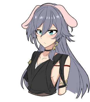 1girl animal_ear_hairband animal_ears black_choker black_shirt blush breasts choker collarbone cropped_torso fake_animal_ears fu_hua grey_hair hairband honkai_(series) honkai_impact_3rd long_hair nabeiro_kin shirt sideboob simple_background small_breasts solo very_long_hair white_background