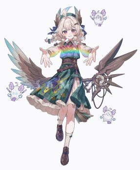 1girl ahoge aloupeep_(enna_alouette) aqua_hair ascot az_(zero_glvimayhop) beret bilingual_commentary bird_tail blonde_hair blush braid chinese_commentary commentary dress english_commentary enna_alouette enna_alouette_(fall_casual) full_body green_dress hat head_wings highres layered_dress looking_at_viewer low_twin_braids low_wings mixed-language_commentary multicolored_hair nijisanji nijisanji_en outstretched_arms plaid_clothes plaid_dress purple_ascot purple_eyes rainbow simple_background smile socks standing standing_on_one_leg streaked_hair tail twin_braids two-tone_hair virtual_youtuber white_background wings