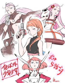 4girls anemone_(eureka_seven) bodysuit character_request chikyuugai_shounen_shoujo creator_connection cynthia_lane dated dress eureka_seven eureka_seven_(series) flower hair_flower hair_ornament highres long_hair looking_at_viewer multiple_girls nasa_houston one_eye_closed overman_king_gainer pink_eyes pink_hair puckered_lips simple_background white_background yoshida_ken&#039;ichi