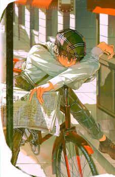 1boy bicycle black_hair brown_pants collared_shirt crossed_arms hat highres holding holding_newspaper long_sleeves looking_at_viewer male_focus newspaper original outdoors pants plaid_clothes plaid_hat plaid_pants riding riding_bicycle shirt shoes short_hair sitting solo white_shirt xiaojiaju