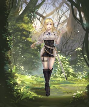 Rule 34 | 1girl, absurdres, alice (tales of alexander: the ancient bloodline), artist name, black boots, black corset, black shorts, blonde hair, blue ribbon, boots, breasts, check clothing, clothing request, collared shirt, commentary, commission, corset, day, english commentary, floating hair, full body, glowing, gold trim, hands up, highres, holding, holding sword, holding weapon, knee boots, large breasts, long hair, long pointy ears, looking at viewer, neck ribbon, outdoors, pink lips, pointy ears, purple eyes, rapier, ribbon, ripp aa, scabbard, sheath, shirt, short shorts, short sleeves, shorts, solo, standing, sword, tales of alexander: the ancient bloodline, thigh strap, tree, twitter username, two-tone shorts, underbust, unsheathed, weapon, white shirt, white shorts