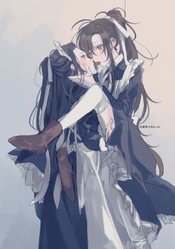 2boys ahoge alternate_costume amana_raika apron bishounen black_dress black_hair blush boots brown_boots brown_hair carrying carrying_person couple crossdressing crossdressing_(mtf) dress enmaided eye_contact frilled_apron frills grey_eyes hair_ribbon hand_on_another&#039;s_cheek hand_on_another&#039;s_face hand_on_another&#039;s_thigh hand_under_clothes highres imminent_kiss lan_wangji leg_lock long_hair long_sleeves looking_at_another maid maid_apron maid_headdress male_focus modao_zushi multiple_boys open_mouth ponytail ribbon sidelocks thigh_grab thighhighs tongue tongue_out trap twitter_username wei_wuxian white_apron white_ribbon white_thighhighs yaoi yellow_eyes