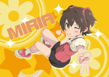 1girl akagi_miria artist_name black_skirt blush brown_eyes character_name child commentary_request flower from_above hair_between_eyes hair_ornament hair_scrunchie highres idolmaster idolmaster_cinderella_girls idolmaster_cinderella_girls_u149 legs_apart lips looking_back miniskirt multicolored_shoes one_eye_closed outstretched_arm red_scrunchie red_shirt red_shoes saeki_tatsuya scrunchie shirt shoes short_hair short_sleeves sitting skirt sleeveless sleeveless_shirt solo sparkle star_(symbol) two-tone_shoes two_side_up v v_over_mouth white_shirt white_shoes yellow_background