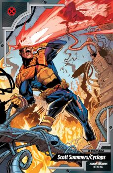 1boy artist_name blue_bodysuit bodysuit boots character_name clenched_hand comic_cover commentary copyright_name cover cover_page cyclops_(x-men) english_commentary english_text eye_beam fire gloves head-mounted_display highres male_focus marvel multicolored_bodysuit muscular muscular_male nethodiazz official_art open_mouth rubble scott_summers short_hair smoke solo superhero_costume torn_bodysuit torn_clothes western_comics_(style) x-men x-uniform yellow_bodysuit yellow_boots yellow_gloves