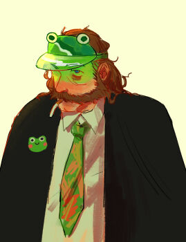 Rule 34 | 1boy, absurdres, animal pin, bags under eyes, black jacket, brown hair, cigarette, collared shirt, disco elysium, facial hair, frog hat, glowing, gogalinskiy, green necktie, hair slicked back, harry du bois, highres, horrified, jacket, looking at viewer, male focus, mutton chops, necktie, shirt, short hair, solo, upper body, white shirt