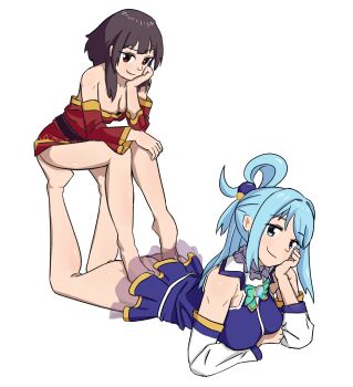 2girls aqua_(konosuba) ass bare_legs bare_shoulders barefoot black_hair blue_eyes blue_hair blue_shirt blue_skirt bow bowtie breasts cleavage closed_mouth detached_sleeves dress elbow_rest green_bow green_bowtie hair_rings head_rest highres kono_subarashii_sekai_ni_shukufuku_wo! legs_up long_hair long_sleeves looking_at_viewer lying medium_breasts megumin miniskirt multiple_girls off-shoulder_dress off_shoulder on_stomach pleated_skirt qarimune red_dress red_eyes shirt simple_background single_hair_ring sitting sitting_on_feet sitting_on_person skirt sleeveless sleeveless_shirt smug thighs white_background yuri