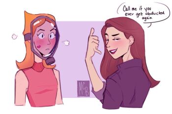 2girls animification blue_eyes breasts brown_hair candace_flynn copyright_request highres lipstick long_hair long_sleeves looking_at_viewer makeup multiple_girls non-web_source orange_hair phineas_and_ferb red_shirt shirt simple_background sleeveless source_request vanessa_doofenshmirtz